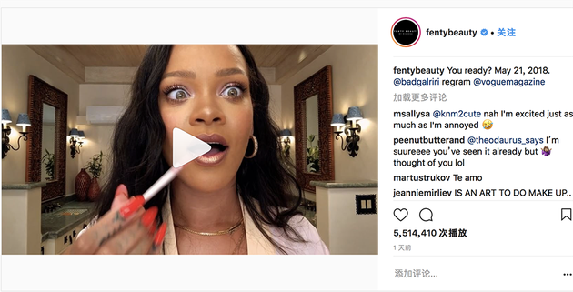 Fenty Beauty 官方 Instagram 账号发布 Rihanna 的美妆视频