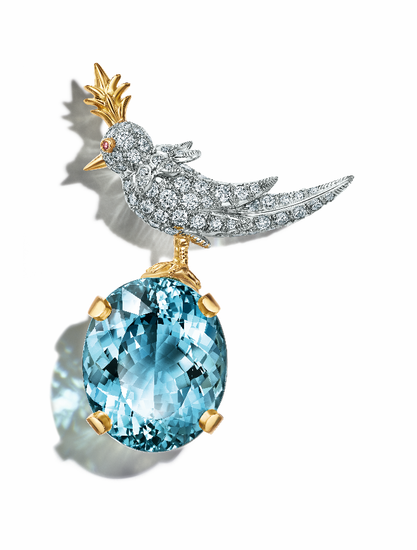 　　Tiffany & Co.蒂芙尼Schlumberger高级珠宝系列 铂金及18K黄金镶嵌椭圆形海蓝宝石及圆形明亮式切割钻石“石上鸟”胸针