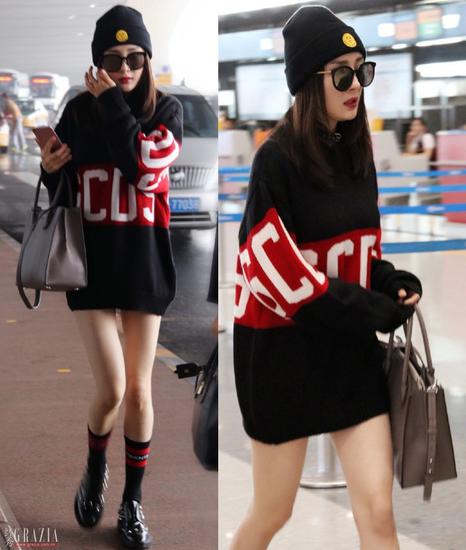 杨幂针织衫:gcds 2016秋冬,袜子:vetements,帽子:bananatiger,包