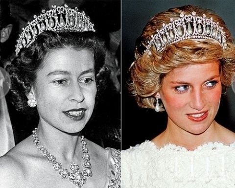 左：伊丽莎白二世女王佩戴“剑桥情人节王冠”（Cambridge Lovers Knot Tiara）；右戴安娜王妃佩戴