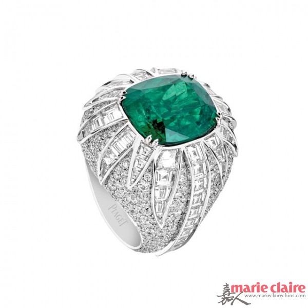 18k 白金祖母绿镶钻戒指,几何化的棕榈树,全球限量1枚