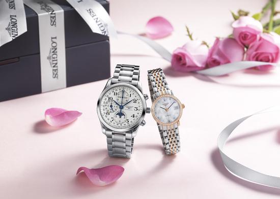 浪琴表名匠系列精钢月相计时腕表和浪琴表博雅系列精钢玫瑰金钻石女表