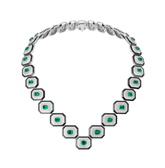 白金项链镶嵌28颗祖母绿切割哥伦比亚祖母绿，总重量24.59克拉，铺镶钻石，缟玛瑙及水晶。
