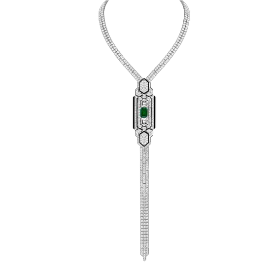 　　白金项链镶嵌1颗8.02克拉祖母绿切割赞比亚祖母绿，铺镶钻石及缟玛瑙，并以黑漆点缀。