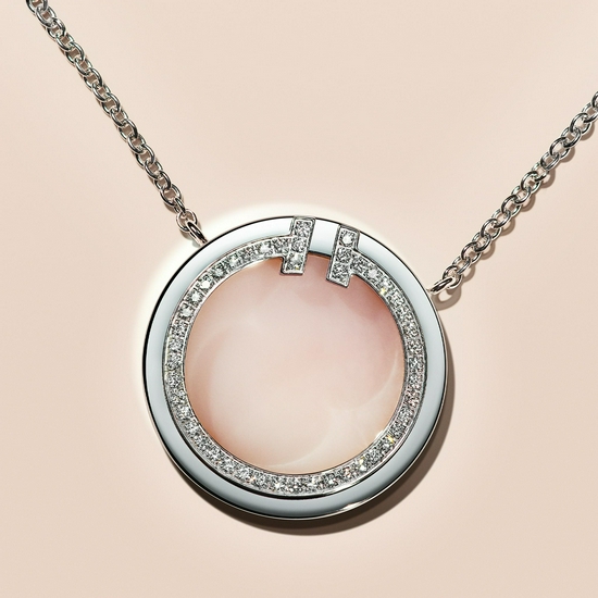 Tiffany & Co. 蒂芙尼T系列18K白金镶嵌粉色欧泊及钻石圈形项链