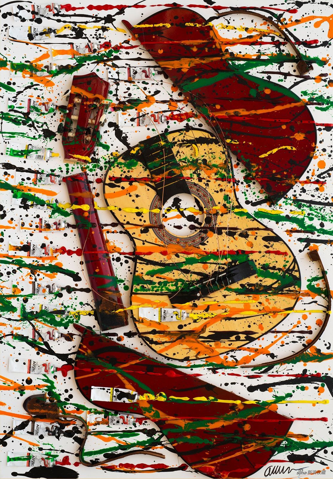 阿曼_吉他与颜料_Guitar And Paint_2001年_h110×w80×15.5cm_装置绘画