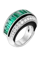 铂金戒指铺镶祖母绿，钻石及缟玛瑙，并以黑漆点缀。