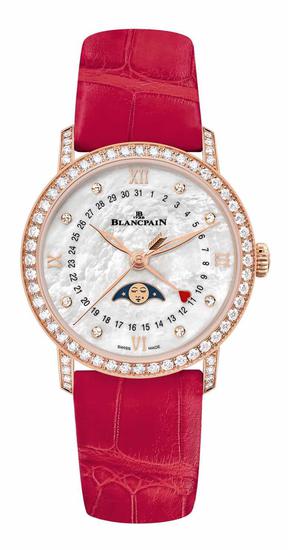宝珀Blancpain月亮美人日期指示情人节限量版腕表，搭配红色短吻鳄鱼皮表带