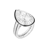 白金戒指镶嵌1颗5.27克拉E色净度VVS2级梨形钻石，铺镶钻石，以黑漆点缀。