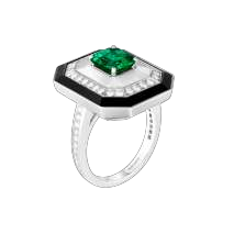 白金戒指镶嵌1颗1.61克拉祖母绿切割哥伦比亚祖母绿，铺镶钻石，缟玛瑙及水晶。