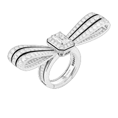 　　白金戒指镶嵌1颗1.50克拉祖母绿切割钻石，铺镶钻石，以黑漆点缀。