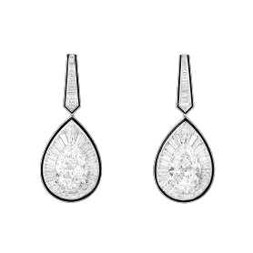 白金吊坠耳环镶嵌2颗3.01克拉及3.02克拉D色净度IF级梨形钻石，铺镶钻石，以黑漆点缀。