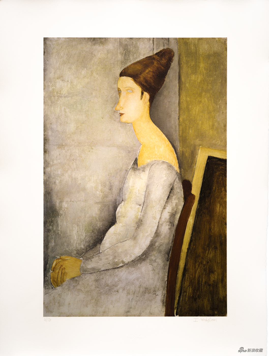 　　莫迪里阿尼_珍妮·赫布特尼身着白色连衣裙侧坐画像_Jeanne Hébuterne seated in profile with white dress_1918_h89×69cm_版画