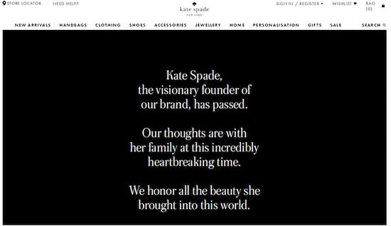 Kate Spade美国官网今天首页呈现黑白色，并且发布悼念公告