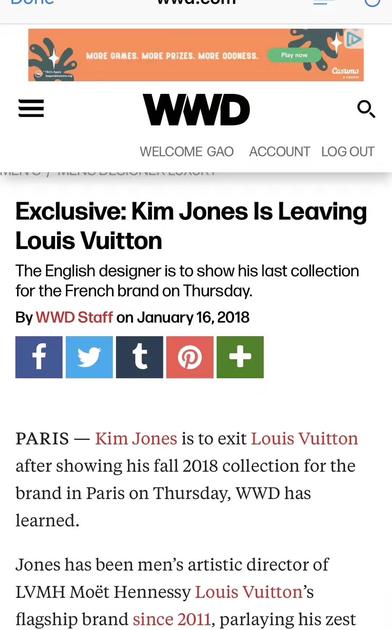 Louis Vuitton男装创意总监Kim Jones将离任