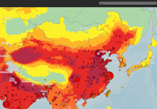 大气污染地图 来源：世界卫生组织官网
