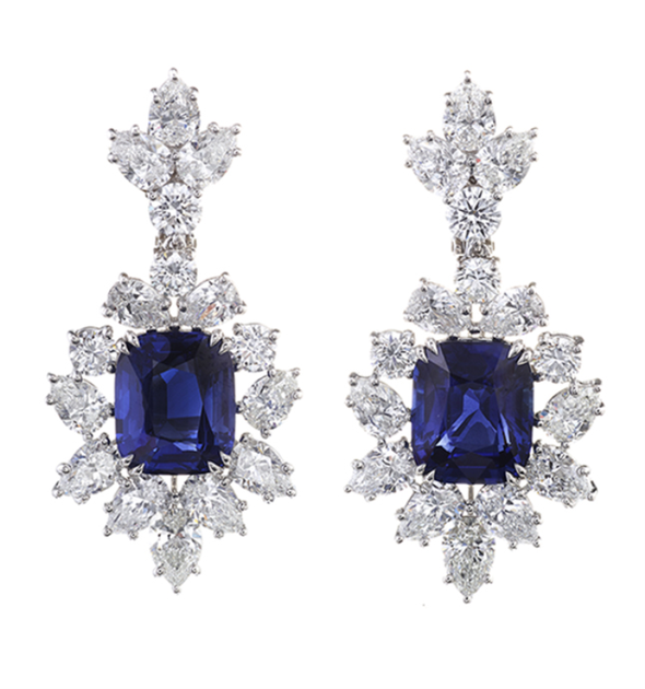 海瑞温斯顿蓝宝石钻石耳环，总重约25.22克拉