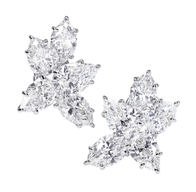 海瑞温斯顿经典锦簇Winston Cluster系列钻石耳环；总重约12.09克拉，悉心镶嵌于铂金底座。