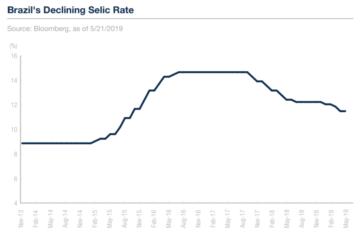 巴西基准利率逐渐降低（来源：Bloomberg）