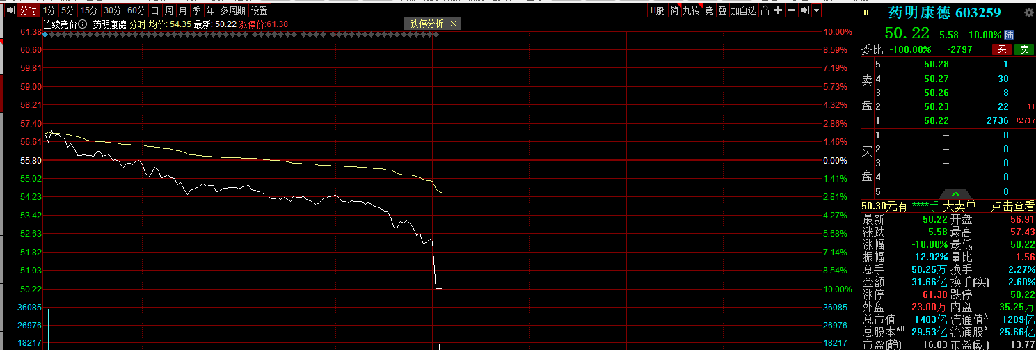 A股药明康德午后闪崩跌停 成交额超30亿元