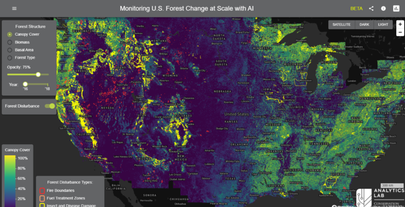 图1：微软行星计算机利用AI实时监测美国森林变化