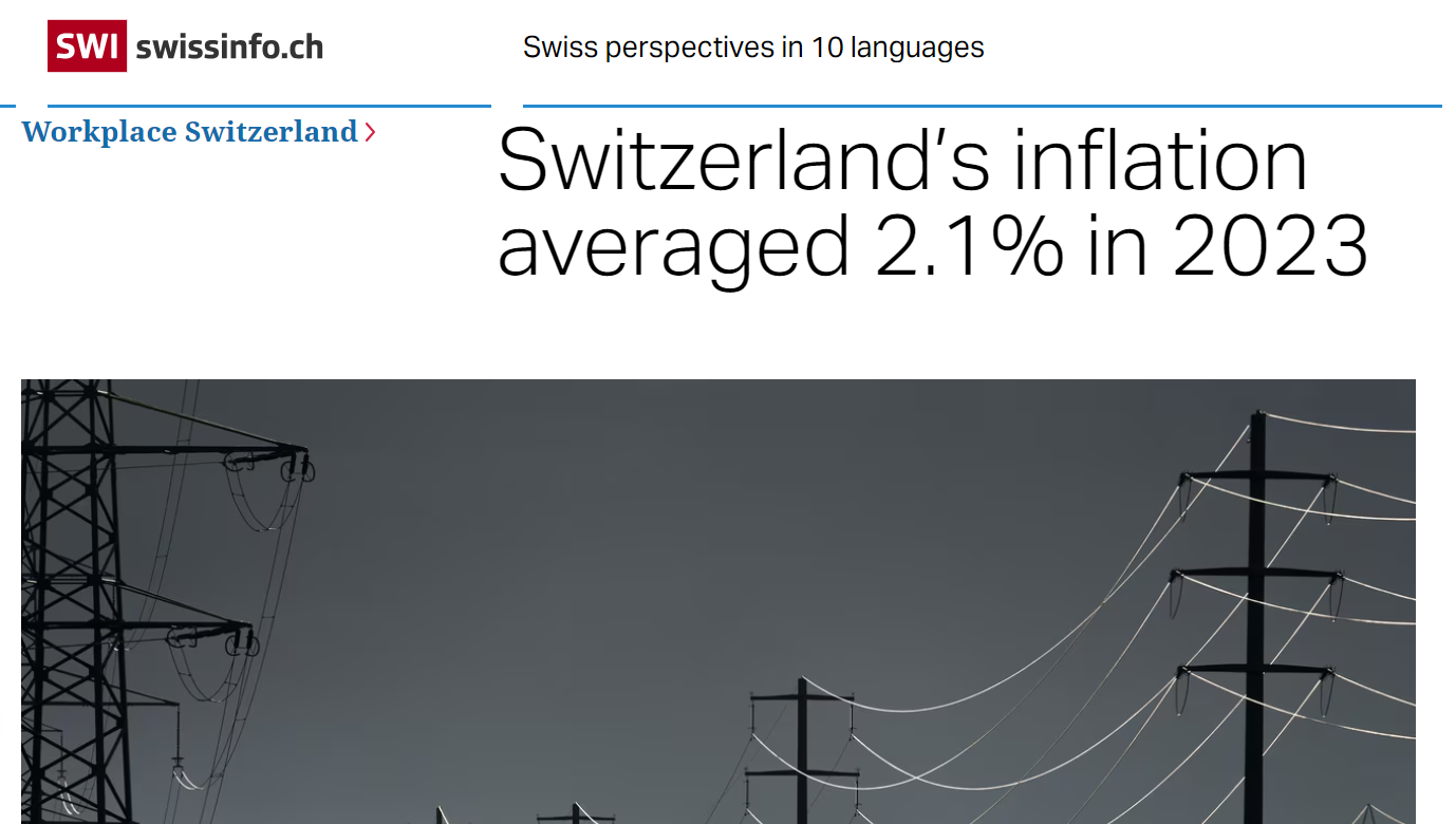 瑞士2023平均CPI为2.1% 来源：SwissInfo