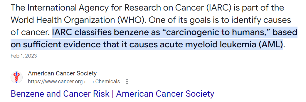 世界卫生组织国际癌症研究机构（IARC）将苯归类为“人类致癌物”