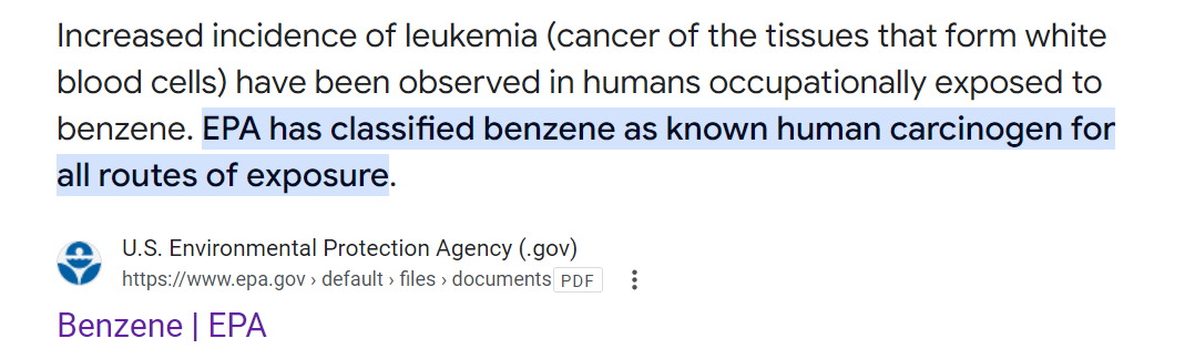 美国环境保护署将苯列为已知的所有接触途径的人类致癌物。
