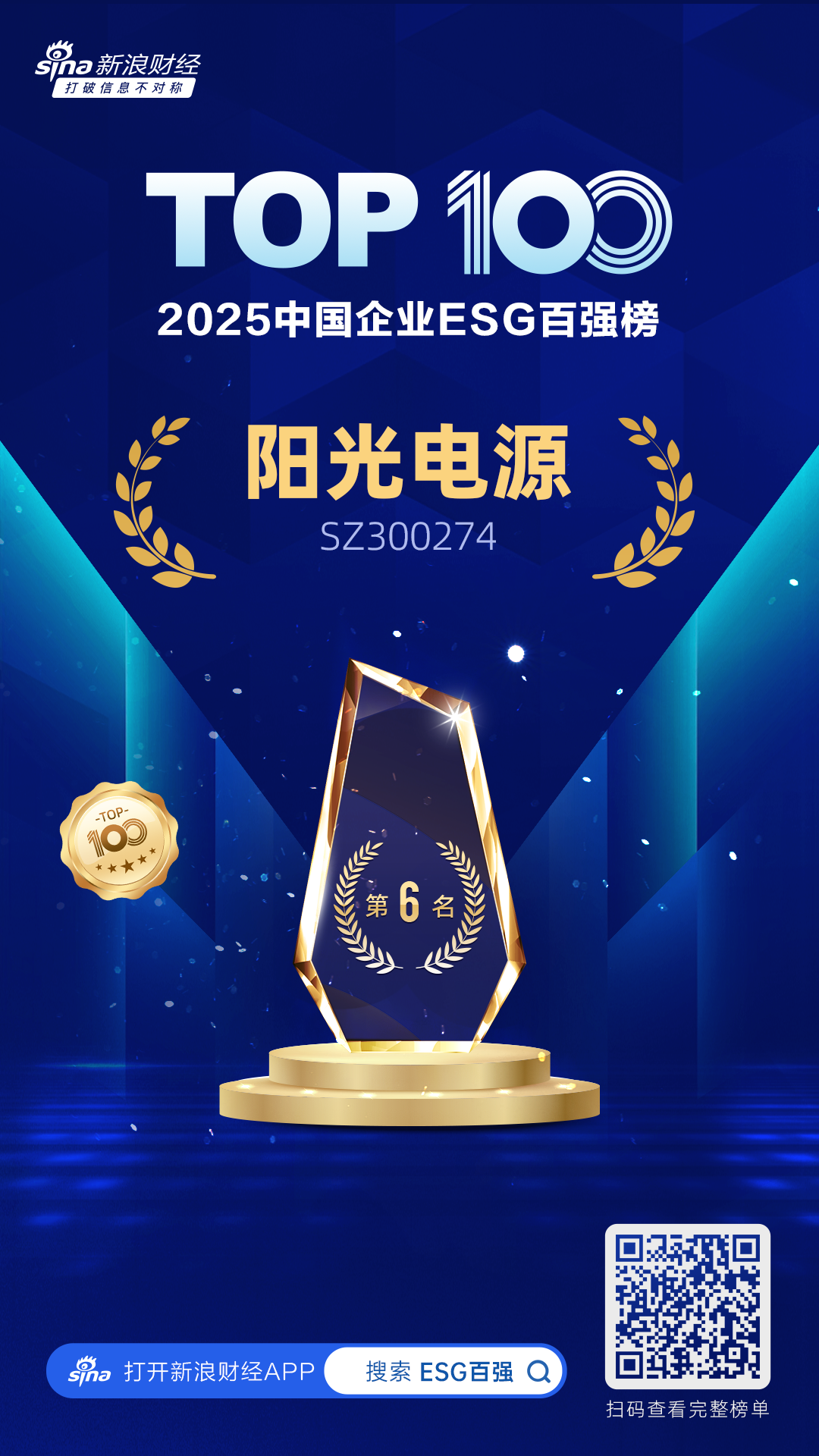 阳光电源入选“2025中国企业ESG百强”榜单
