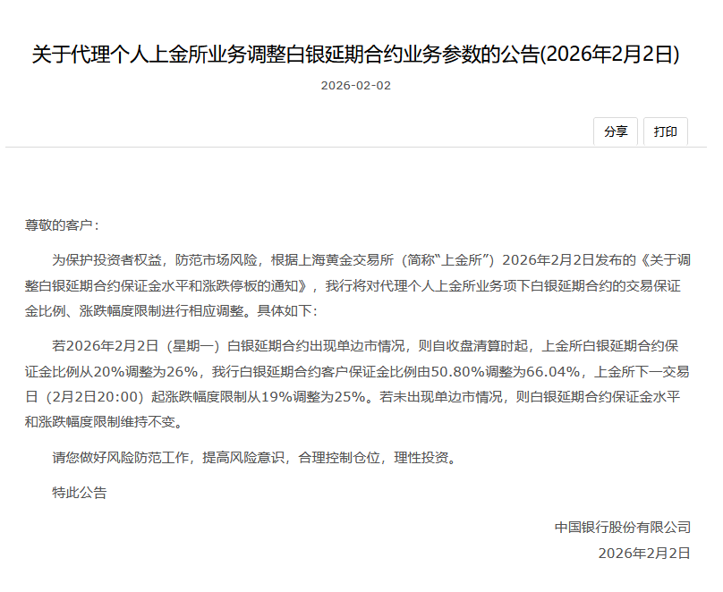 中国银行：代理个人上金所业务调整白银延期合约业务参数