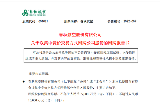 “这家航空公司拟耗资最高1亿元回购股份，全部用于员工持股计划！