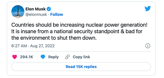 Musk calls on countries to increase nuclear power generation: closing nuclear power plants is "anti-human" and endangers national security