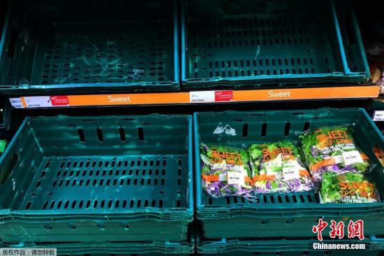 资料图：英国伦敦空荡的超市蔬菜货架。