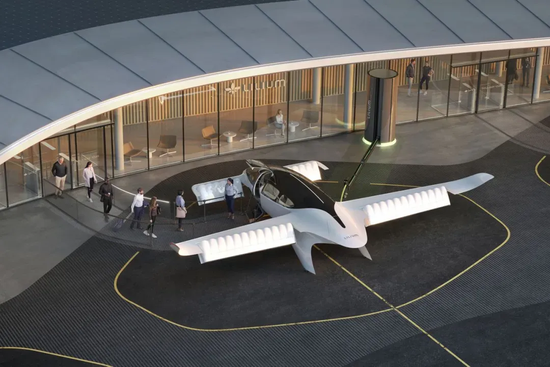 一个垂直机场的七座 Lilium 飞机设想图