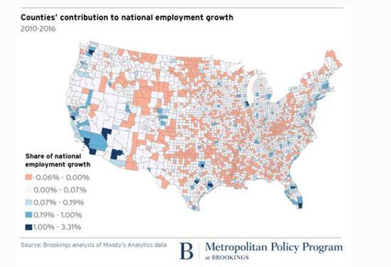 美国各地区对全国就业贡献分布图（砖红色地区为就业净流失区域）