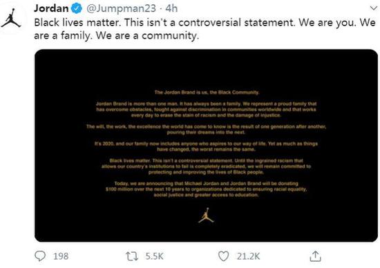  乔丹品牌在社交网站“推特”上发表声明。（图片来源：乔丹品牌官方推特账号）