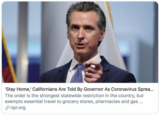 当地时间19日晚,美国加利福尼亚州州长加文·纽森宣布封锁全州,加州