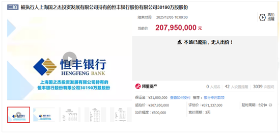 恒丰银行股份接连上演降价仍流拍 银行股权拍卖呈现两极分化