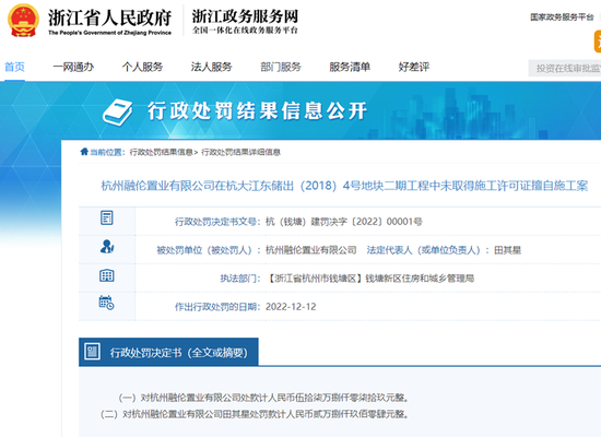 违法发包、无许可证擅自施工,融创中国控股子公司杭州融伦被罚200万