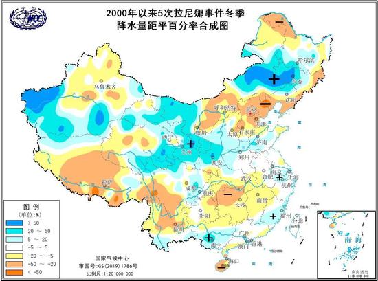 图4 2000年以来5次拉尼娜事件冬季降水量距平百分率合成图