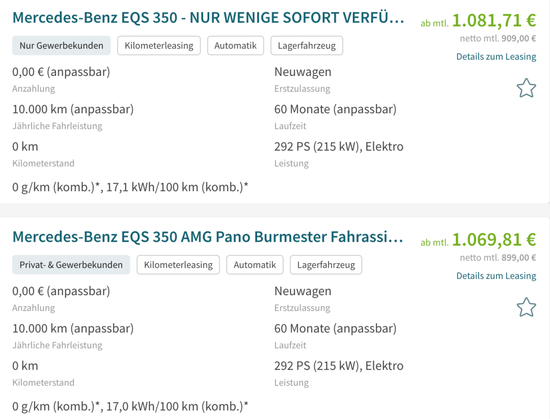 奔驰EQS350在德国的租赁价格。图源：leasingmarkt