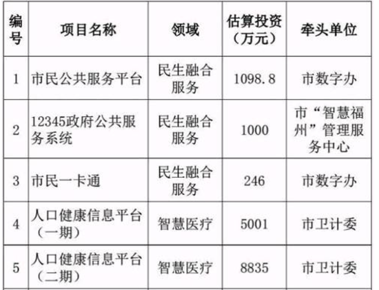 如图：2017福州新型智慧城市建设项目清单（部分）