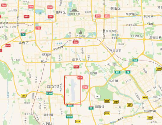 红色框线区域为南苑机场,距离天安门直线距离只有14公里 / 高德地图