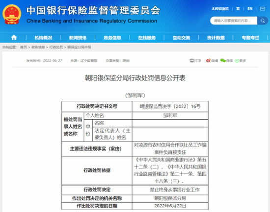 非法高息揽储！辽宁一农信社员工终身禁业 还被判刑11年半