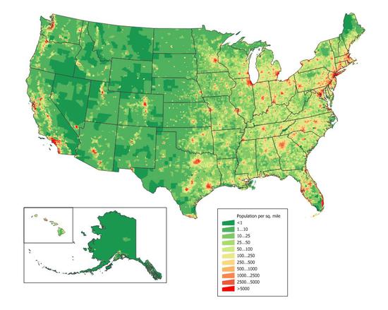 美国2000年普查人口分布密度图