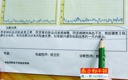     深圳昆仑泌尿外科医院出具的检查报告显示，暗访的南都记者患有“实质性早泄”和“海绵体供血不足”。