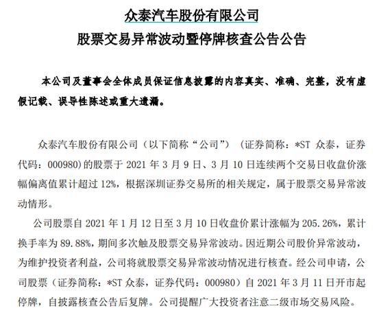 *ST众泰成牛年涨停王，业绩却巨亏60亿