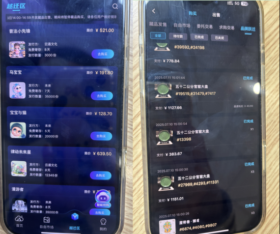 左图为软件推出可购买的数字藏品图片列表，最右图为罗先生买入的商品。网友供图