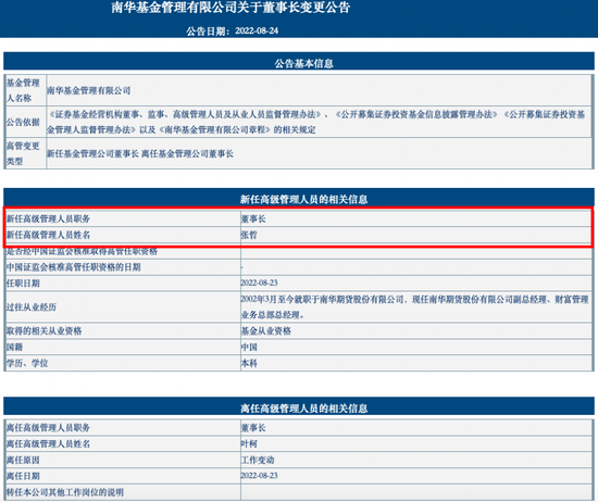 又一家基金公司变更董事长！