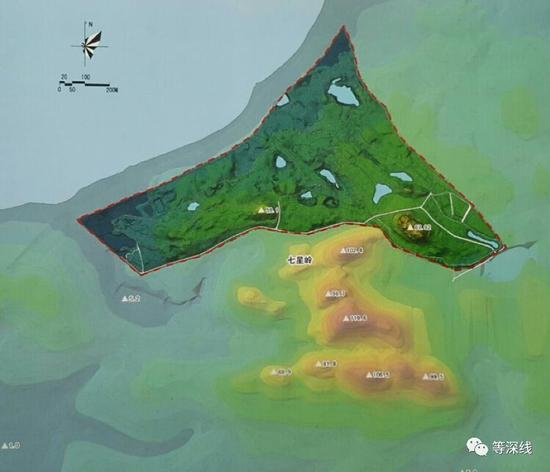 海南明日香高尔夫乡村俱乐部红线图及高程图。七星岭为当地的一个景点，现岭上有塔。    图片来源：明日香高尔夫乡村俱乐部宣传资料